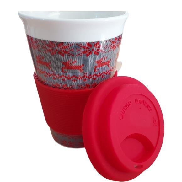 Totes Toasties Ceramic Travel Lidded Mug Earmuffs Reindeer Holiday Gift Box Set - Picture 2 of 6